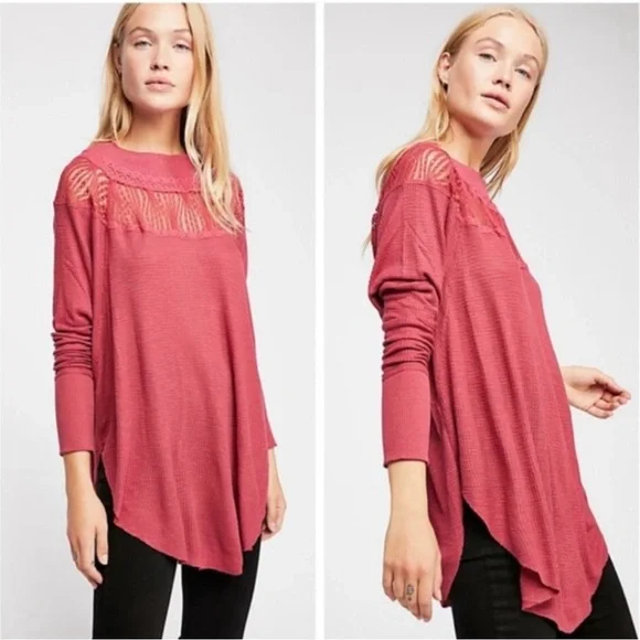 ⭐️Host Pick!⭐️FREE PEOPLE Spring Valley Waffle Knit Top In Cochineal (Pink) L/XL - Picture 2 of 10
